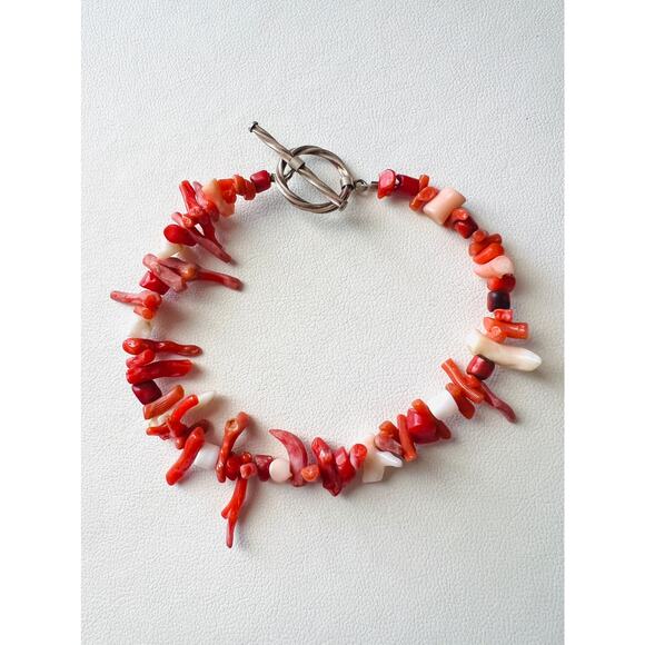 Vintage Sterling Silver Red Coral Branch & Chip Bracelet 7.5” Toggle Clasp Boho - Picture 2 of 7